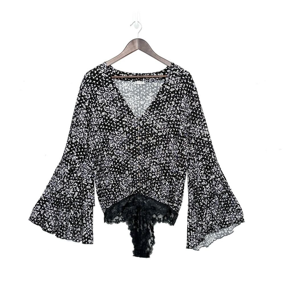 Free People Intimately Floral Bodysuit Womens M Black White Bell Sleeve Boho